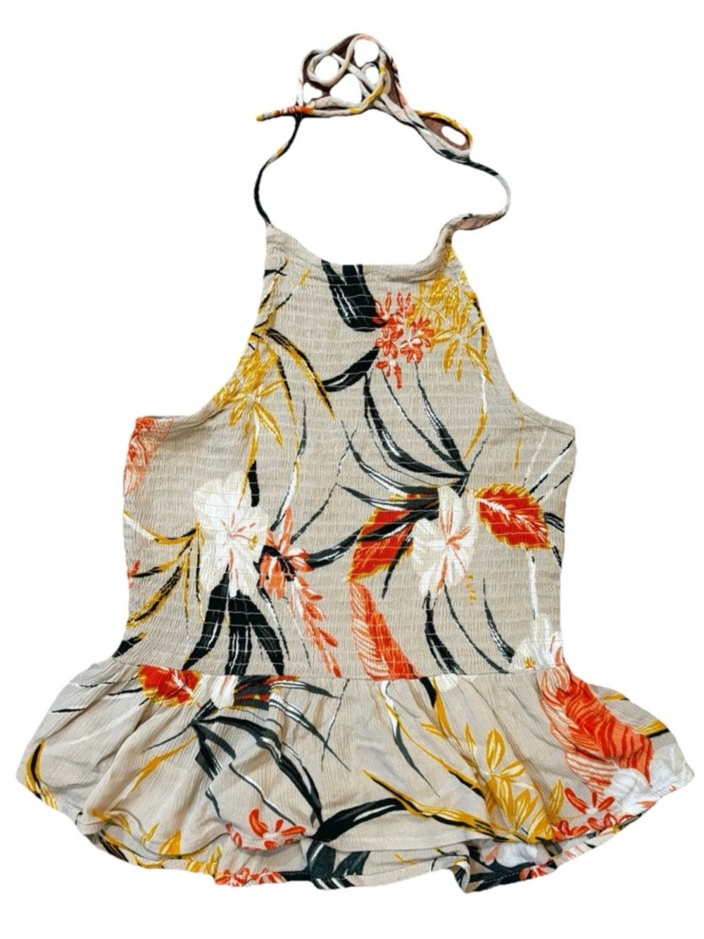 Patrons of Peace Chambray Tan Floral Boho Halter Peplum top Smocked sz small